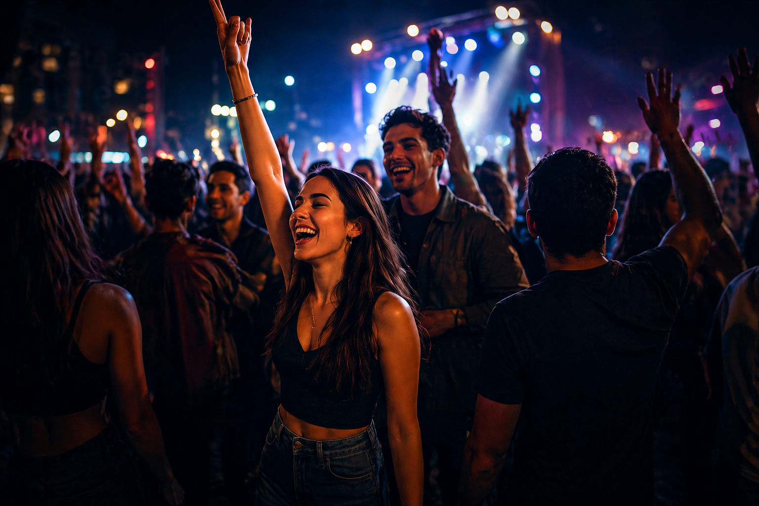 Crowd dancing at a nighttime concert