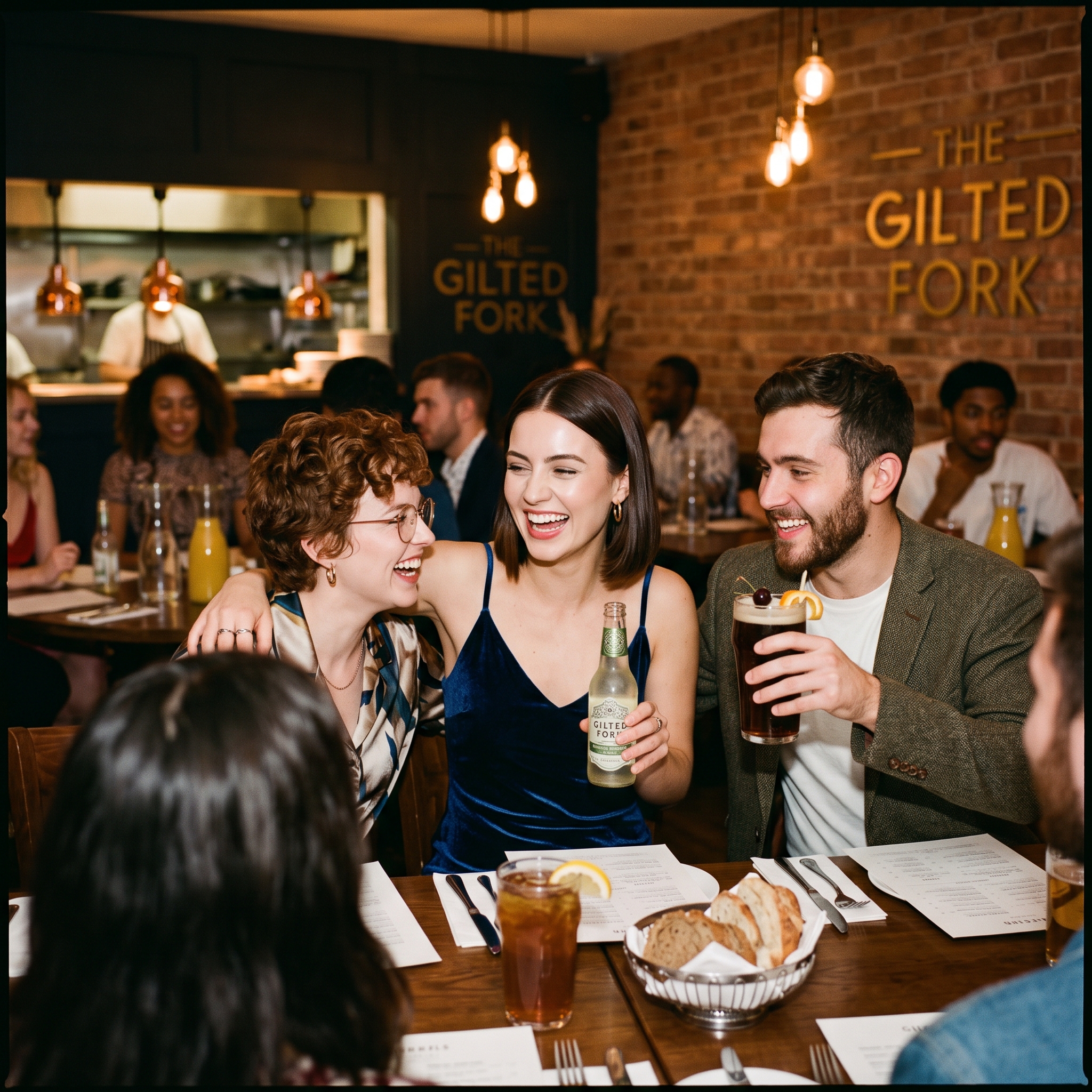 Friends at a restaurant table at night
